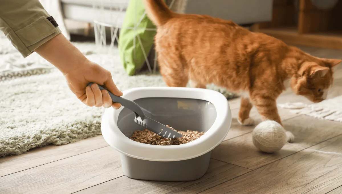 A person cleaning the litter box