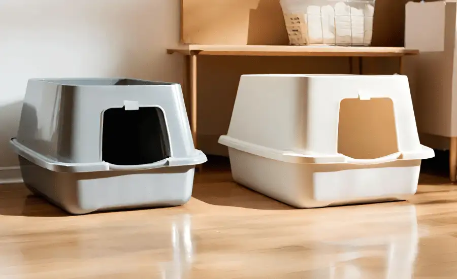 Litter boxes kept side by side on a floor