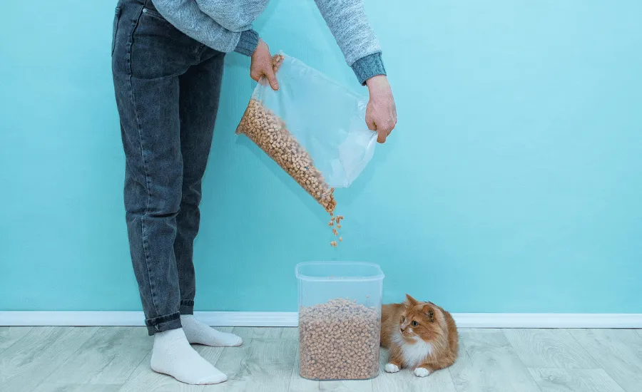 A person storing cat litter in a tight container